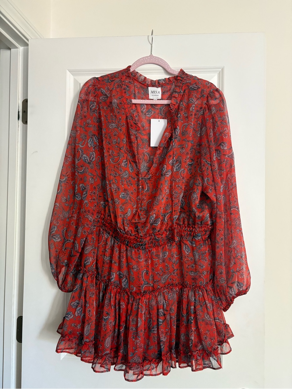 Misa Los Angeles Red Paisley Ruffled Mini Dress